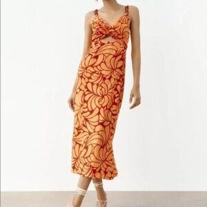 Zara Bright Orange V-Neck Midi Dress